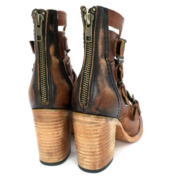 Freebird Sandals Brown Cognac Braeden Leather Peep Toe Buckle Tie Women's 7M - Picture 4 of 7